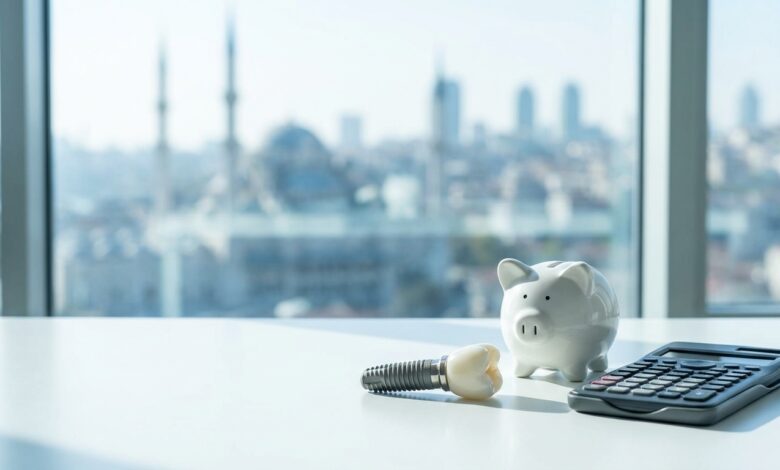 Una imagen conceptual que muestra un modelo de implante dental y una hucha sobre un escritorio limpio. Al fondo, a través de una ventana, se ve una vista urbana desenfocada de Turquía, simbolizando la relación entre los seguros dentales y el turismo médico.