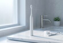 A photorealistic image of a clean bathroom counter with oral hygiene essentials. A sleek electric toothbrush is in sharp focus, with dental floss and a tongue scraper artfully arranged beside it. Soft morning light and a blurred background create a fresh, clean, and healthy atmosphere.