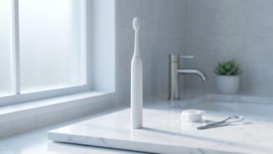A photorealistic image of a clean bathroom counter with oral hygiene essentials. A sleek electric toothbrush is in sharp focus, with dental floss and a tongue scraper artfully arranged beside it. Soft morning light and a blurred background create a fresh, clean, and healthy atmosphere.