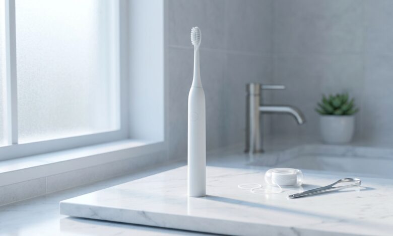 A photorealistic image of a clean bathroom counter with oral hygiene essentials. A sleek electric toothbrush is in sharp focus, with dental floss and a tongue scraper artfully arranged beside it. Soft morning light and a blurred background create a fresh, clean, and healthy atmosphere.