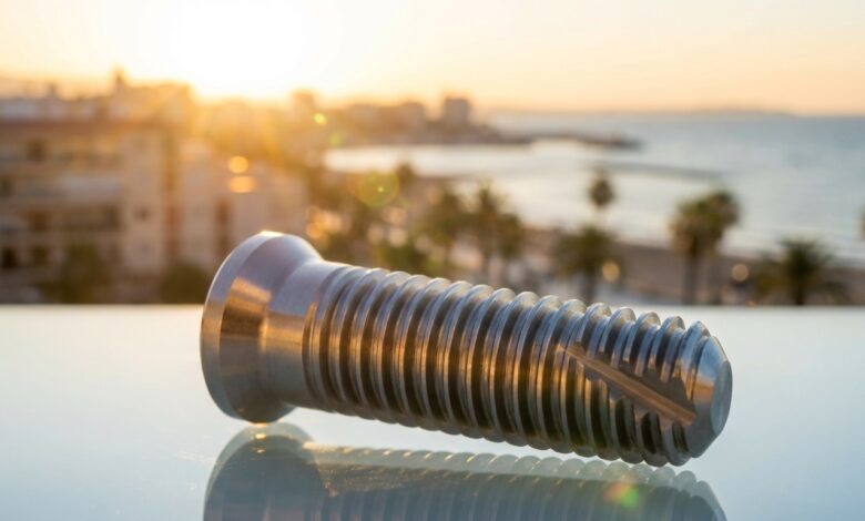 Un implant dentaire de haute technologie au premier plan, avec en arrière-plan une vue ensoleillée et floue d'une ville côtière espagnole, symbolisant le tourisme dentaire.