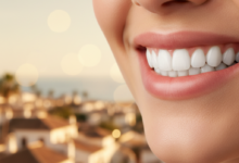 Un sourire radieux et confiant avec des dents blanches et parfaitement alignées, légèrement floues sur les bords. L'arrière-plan est un paysage urbain espagnol ensoleillé, très flou, évoquant une destination de voyage sans détails spécifiques.