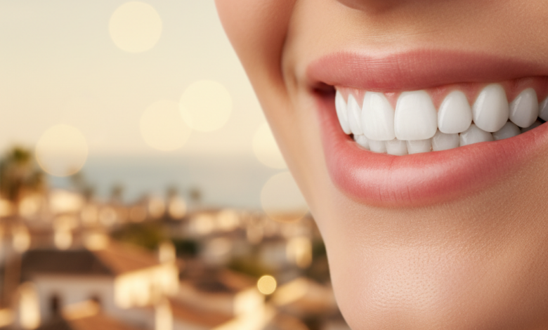 Un sourire radieux et confiant avec des dents blanches et parfaitement alignées, légèrement floues sur les bords. L'arrière-plan est un paysage urbain espagnol ensoleillé, très flou, évoquant une destination de voyage sans détails spécifiques.