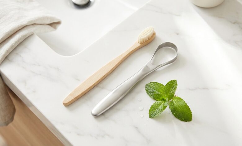 A top-down, photorealistic view of oral hygiene items on a white marble surface, including a bamboo toothbrush, a metal tongue scraper, and a fresh sprig of mint, symbolizing a routine for fresh breath.