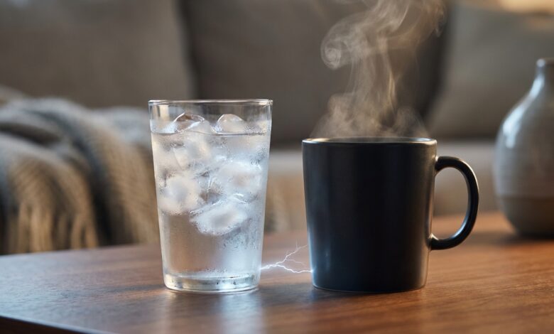 A photorealistic image symbolizing tooth sensitivity, showing a steaming hot mug next to a glass of ice-cold water, with a subtle visual effect representing a jolt of pain.