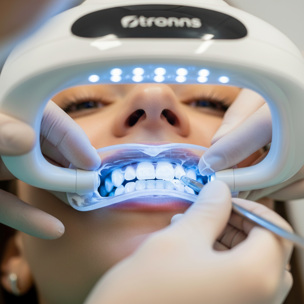 Blanqueamiento Dental Precio España: Proceso profesional de aplicación de gel y activación con luz LED para resultados óptimos.