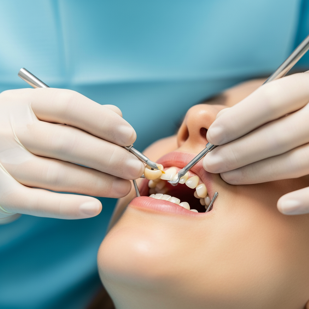 Precio de Corona Dental en España: un dentista coloca cuidadosamente una corona permanente en el diente de un paciente.