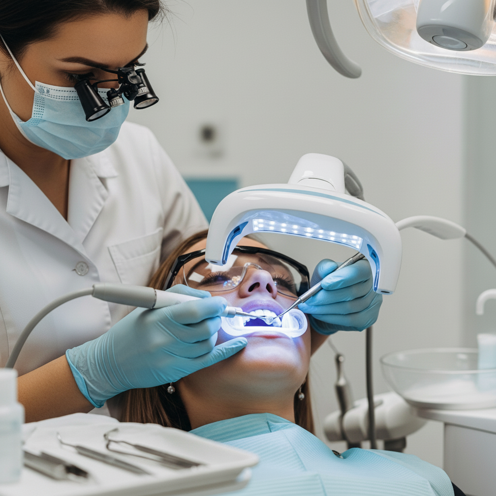 Blanqueamiento Dental Precio España: el proceso profesional incluye la aplicación de gel blanqueador y activación con luz LED