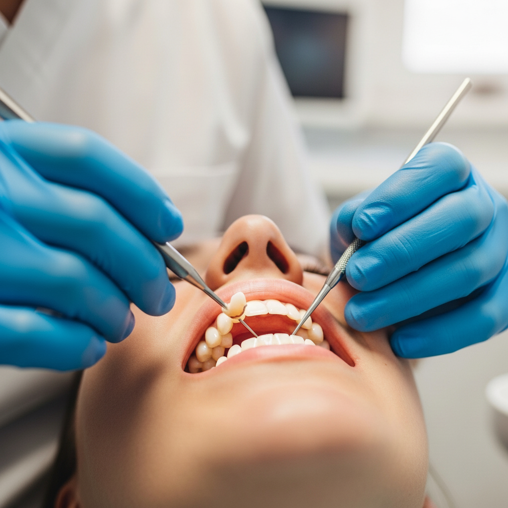 Ajuste final de puente dental permanente Precio de Puente Dental: el dentista coloca y ajusta el puente definitivo restaurando la función y estética