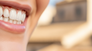 Primer plano de una sonrisa blanca y radiante, con dientes perfectamente alineados y brillantes. El fondo está muy desenfocado, mostrando tonos cálidos y borrosos que sugieren un entorno urbano español soleado.
