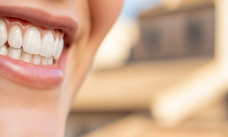 Primer plano de una sonrisa blanca y radiante, con dientes perfectamente alineados y brillantes. El fondo está muy desenfocado, mostrando tonos cálidos y borrosos que sugieren un entorno urbano español soleado.