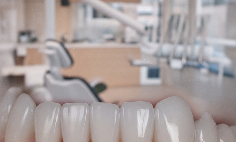 Primer plano de una boca con encías rosadas, sanas y perfectamente contorneadas alrededor de dientes blancos y brillantes, sobre un fondo borroso de una clínica dental moderna y luminosa que sugiere un entorno profesional y de alta calidad.