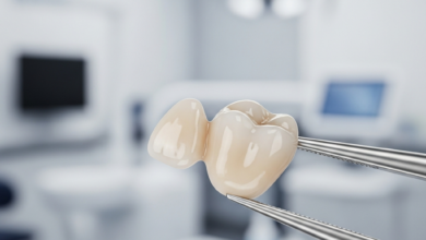 Primer plano fotorrealista de una corona dental de zirconio de color blanco natural, con un acabado translúcido y brillante. La corona está siendo manipulada con pinzas de precisión estériles sobre un fondo suavemente desenfocado de un entorno dental moderno y limpio.