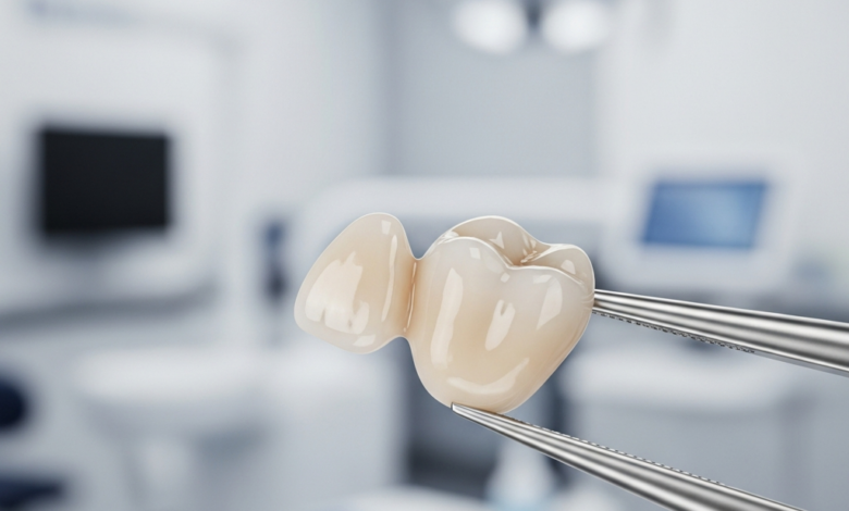 Primer plano fotorrealista de una corona dental de zirconio de color blanco natural, con un acabado translúcido y brillante. La corona está siendo manipulada con pinzas de precisión estériles sobre un fondo suavemente desenfocado de un entorno dental moderno y limpio.