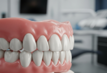 Primer plano fotorrealista de una arcada dental protésica completa y de aspecto natural, con dientes blancos y encías rosadas, sobre un fondo borroso de una clínica dental moderna y bien iluminada.