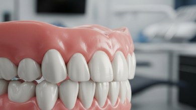 Primer plano fotorrealista de una arcada dental protésica completa y de aspecto natural, con dientes blancos y encías rosadas, sobre un fondo borroso de una clínica dental moderna y bien iluminada.