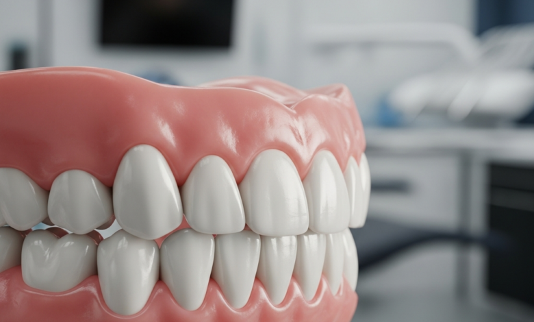 Primer plano fotorrealista de una arcada dental protésica completa y de aspecto natural, con dientes blancos y encías rosadas, sobre un fondo borroso de una clínica dental moderna y bien iluminada.