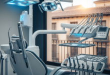 Un sillón dental moderno y equipo de alta tecnología en una clínica española. A través de una ventana borrosa se vislumbra un paisaje urbano español, con una luz profesional y limpia.