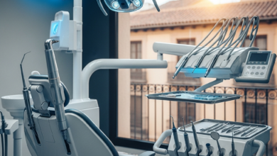 Un sillón dental moderno y equipo de alta tecnología en una clínica española. A través de una ventana borrosa se vislumbra un paisaje urbano español, con una luz profesional y limpia.
