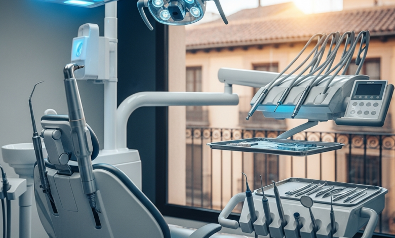 Un sillón dental moderno y equipo de alta tecnología en una clínica española. A través de una ventana borrosa se vislumbra un paisaje urbano español, con una luz profesional y limpia.
