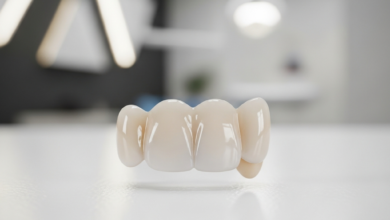 Imagen cercana y detallada de una corona dental de cerámica de alta calidad, con un color blanco natural y una textura brillante y lisa, descansando sobre una superficie estéril. El fondo está suavemente borroso, mostrando un entorno de clínica dental moderno y limpio. No hay texto visible ni elementos que distraigan.