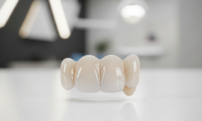 Imagen cercana y detallada de una corona dental de cerámica de alta calidad, con un color blanco natural y una textura brillante y lisa, descansando sobre una superficie estéril. El fondo está suavemente borroso, mostrando un entorno de clínica dental moderno y limpio. No hay texto visible ni elementos que distraigan.