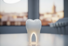 Primer plano de un molar humano blanco y prístino sobre una superficie reflectante en un entorno dental moderno. El fondo está suavemente desenfocado, mostrando una silueta abstracta de una ciudad española al atardecer, sin texto visible.