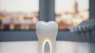 Primer plano de un molar humano blanco y prístino sobre una superficie reflectante en un entorno dental moderno. El fondo está suavemente desenfocado, mostrando una silueta abstracta de una ciudad española al atardecer, sin texto visible.