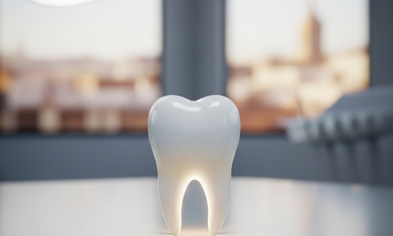 Primer plano de un molar humano blanco y prístino sobre una superficie reflectante en un entorno dental moderno. El fondo está suavemente desenfocado, mostrando una silueta abstracta de una ciudad española al atardecer, sin texto visible.