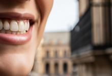 Primer plano de una sonrisa radiante y saludable, con dientes perfectamente alineados y de aspecto natural, que transmite confianza. El fondo está muy desenfocado y sugiere arquitectura tradicional española bajo una luz cálida y natural.
