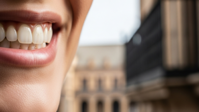 Primer plano de una sonrisa radiante y saludable, con dientes perfectamente alineados y de aspecto natural, que transmite confianza. El fondo está muy desenfocado y sugiere arquitectura tradicional española bajo una luz cálida y natural.