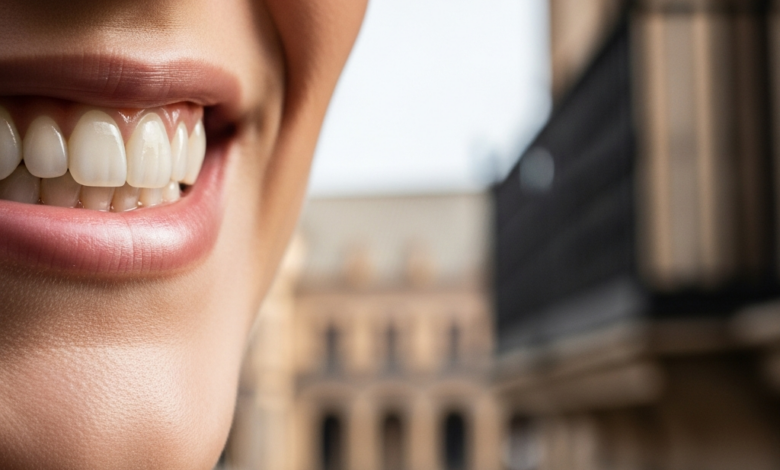 Primer plano de una sonrisa radiante y saludable, con dientes perfectamente alineados y de aspecto natural, que transmite confianza. El fondo está muy desenfocado y sugiere arquitectura tradicional española bajo una luz cálida y natural.