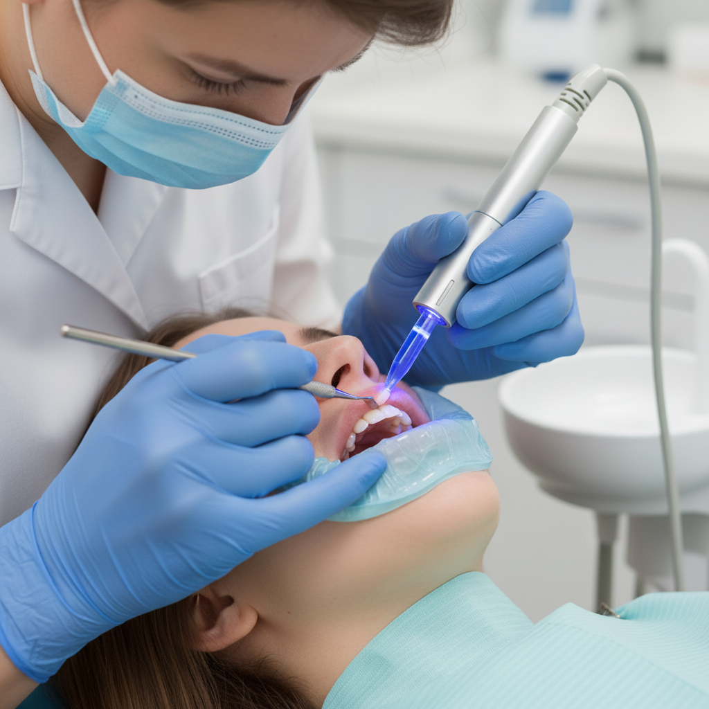 Composite Dental España: un odontólogo realiza la meticulosa aplicación de resina compuesta en un diente.