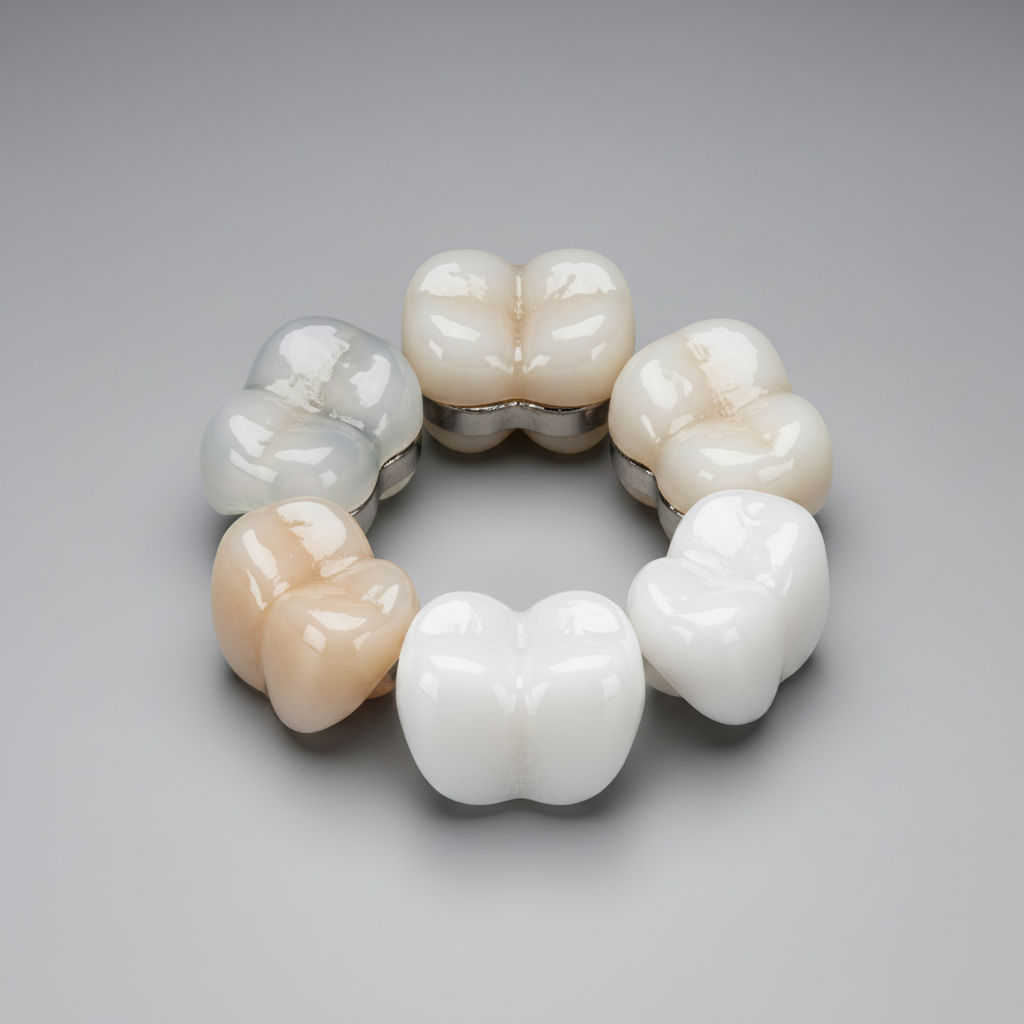Coronas Dentales en España, mostrando la diversidad de materiales como zirconio y porcelana para restauraciones.