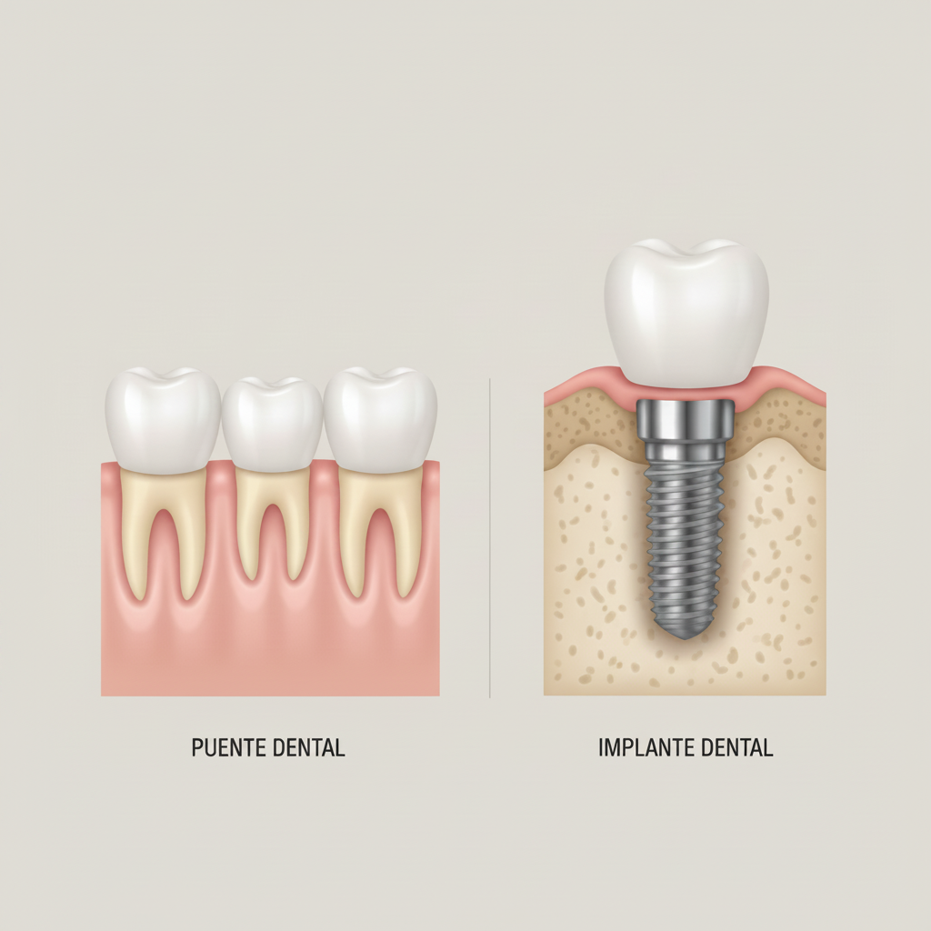 Puente Dental vs Implante, mostrando sus diferencias estructurales para reemplazar dientes perdidos en España.