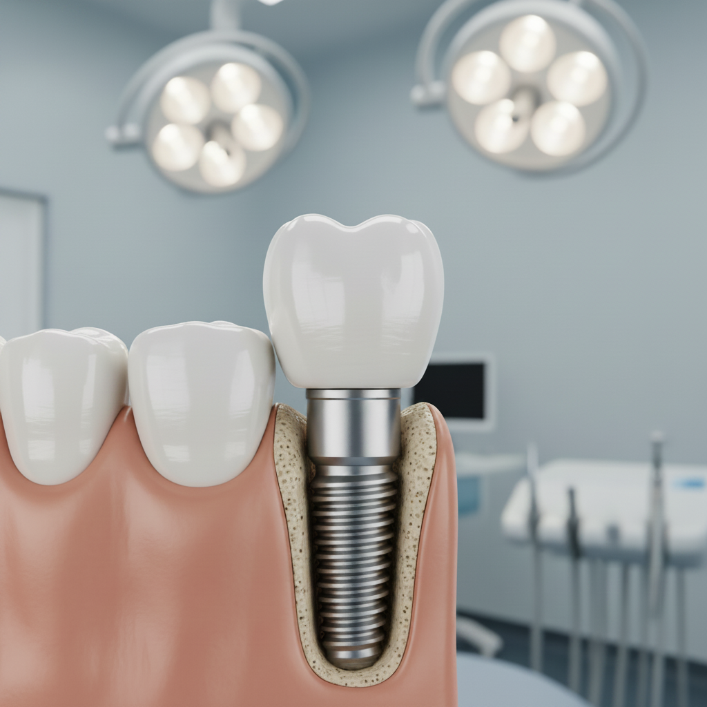 Rehabilitación Oral Completa: Integración exitosa de implante dental de titanio con corona cerámica natural.