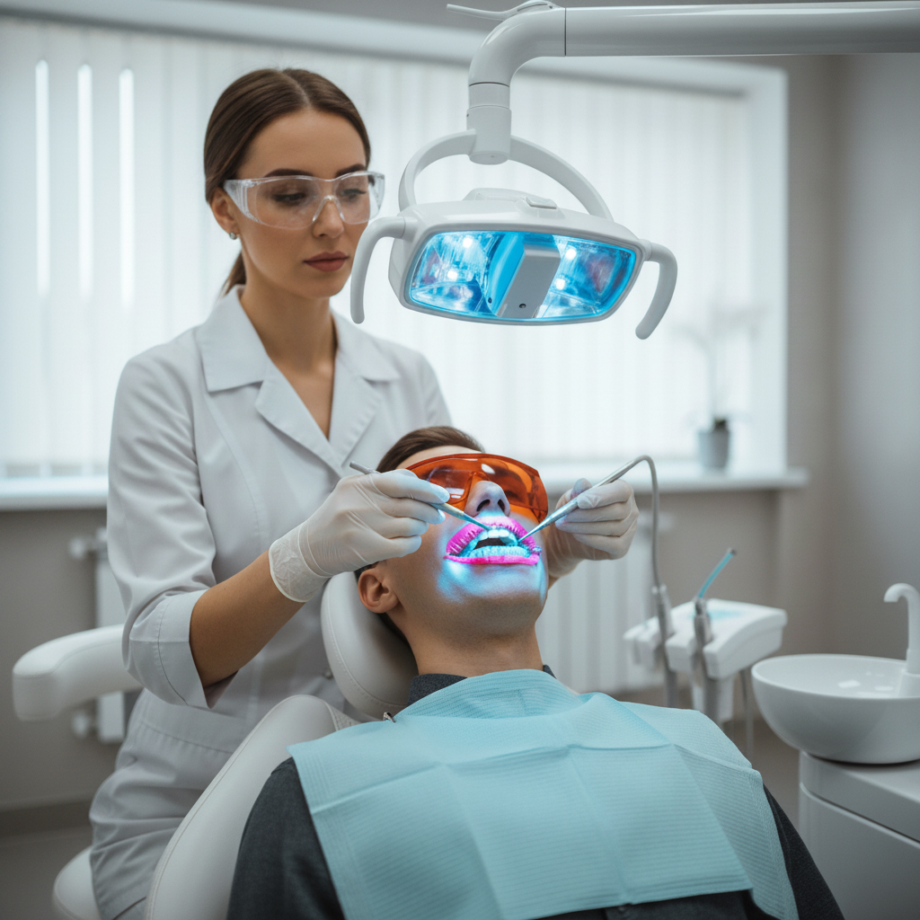 Blanqueamiento Dental en España: un dentista realiza el proceso detallado con luz LED activadora