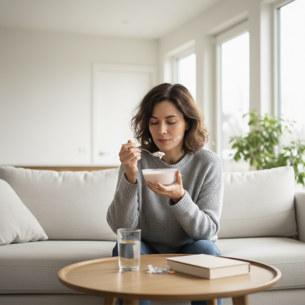 Cirugía de Encías: Paciente recuperándose tranquilamente en casa, siguiendo instrucciones postoperatorias, disfrutando alimentos blandos