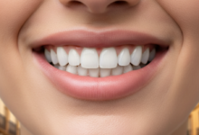 Primer plano de una sonrisa radiante con dientes blancos y sanos, con un fondo difuminado de una calle o arquitectura española soleada.