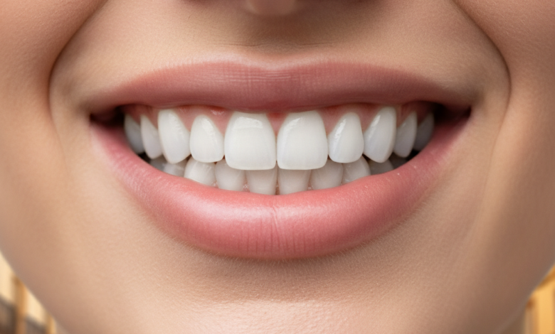 Primer plano de una sonrisa radiante con dientes blancos y sanos, con un fondo difuminado de una calle o arquitectura española soleada.