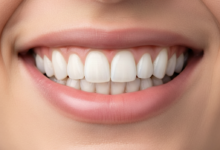 Primer plano fotorealista de una boca con una sonrisa blanca, perfecta y saludable, mostrando dientes alineados y encías rosadas. El fondo está suavemente desenfocado, revelando tonos cálidos de una escena arquitectónica española bañada por el sol.