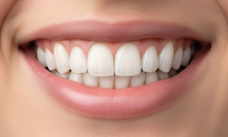 Primer plano fotorealista de una boca con una sonrisa blanca, perfecta y saludable, mostrando dientes alineados y encías rosadas. El fondo está suavemente desenfocado, revelando tonos cálidos de una escena arquitectónica española bañada por el sol.