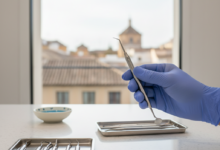 Un primer plano fotorealista de una mano enguantada sosteniendo un instrumento dental en un entorno clínico estéril. El fondo, suavemente desenfocado, sugiere una ciudad europea genérica, sin texto visible. La imagen evoca precisión y cuidado en la cirugía de encías.