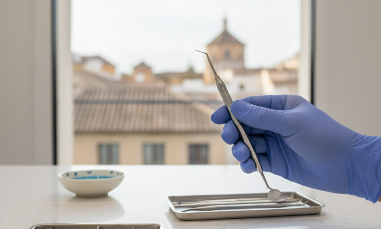 Un primer plano fotorealista de una mano enguantada sosteniendo un instrumento dental en un entorno clínico estéril. El fondo, suavemente desenfocado, sugiere una ciudad europea genérica, sin texto visible. La imagen evoca precisión y cuidado en la cirugía de encías.