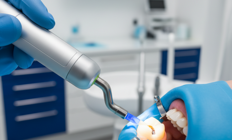 Imagen fotorrealista de un primer plano de un diente siendo restaurado con composite, aislado con un dique de goma. Se ve la mano enguantada de un dentista aplicando luz de fotopolimerización sobre el diente en una clínica dental moderna y estéril.