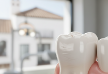 Primer plano fotorealista de un diente con una corona dental de aspecto natural, perfectamente integrada. El fondo está suavemente desenfocado, mostrando un interior de clínica dental moderno con un sutil detalle arquitectónico español en la distancia.