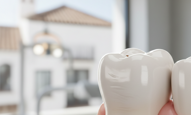 Primer plano fotorealista de un diente con una corona dental de aspecto natural, perfectamente integrada. El fondo está suavemente desenfocado, mostrando un interior de clínica dental moderno con un sutil detalle arquitectónico español en la distancia.