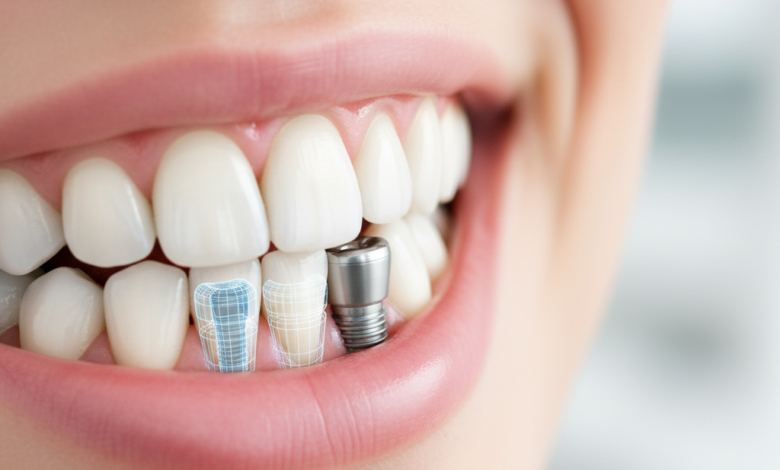 Una vista de primer plano de una boca sonriente con dientes blancos y sanos, donde un diente restaurado con un implante dental se mezcla perfectamente con los demás. Una representación sutil y esquemática de la estructura del implante de titanio es visible bajo la encía, sobre un fondo borroso de clínica dental moderna.