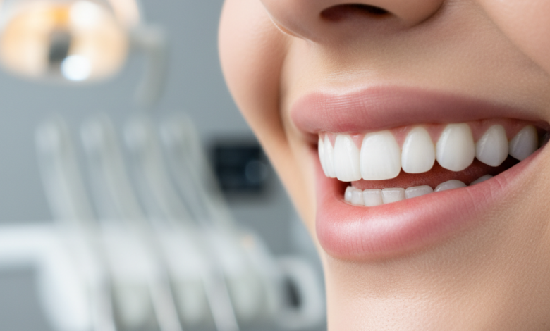 Primer plano ultra-detallado de una sonrisa radiante con dientes blancos, perfectamente alineados y encías saludables, en un entorno dental moderno y difuminado, simbolizando el éxito y la belleza de los implantes dentales.