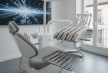 Interior de una clínica dental moderna y bien iluminada en España, con una silla dental elegante, instrumentos esterilizados y una pantalla de monitoreo con gráficos abstractos y borrosos en el fondo. Se vislumbra un paisaje urbano español difuminado a través de una ventana.